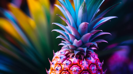 a vibrant pineapple, with bold chromaticity, stands out amidst lush green plants. the photo showcases vibrant energy with its explosive pigmentation in light magenta and dark cyan hues. this captivating image, created using focus stacking, captures the organic beauty of the pineapple. (keywords: pineapple, beautiful color, plants, bold chromaticity, focus stacking, vibrant energy, light magenta, dark cyan, creative commons attribution, explosive pigmentation, organic material), aiの素材
