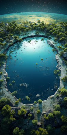 earth serves as a vibrant pool, nurturing both human life and nature. this 3d stock image, inspired by the artistic style of makoto shinkai, showcases ecological art with fantastical ruins and curved mirrors. the intricate depiction of wildlife adds depth to the composition. this image is available under the creative commons attribution license and is influenced by the visionary architect bjarke ingels. ai generatedの素材