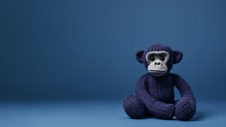 a little knitted monkey is seen sitting on a vibrant blue background in this ultraviolet photography style. the image showcases moody tonal contrasts, resulting in a visually striking and high-definition (uhd) picture. with its minimalist illustrator touch, this non-representational photograph captures the essence of violet and indigo hues, reminiscent of a national geographic photo. ai generatedの素材