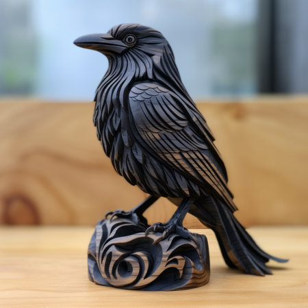 a wooden crow with flowers in a vase is captured in this highly detailed and realistic photograph. the crow is crafted from light brown wood, contrasting against the dark black flowers. the image is a result of focus stacking technique, showcasing the intricate details. the photograph is taken by he jiaying using a konica big mini camera. the overall aesthetic is dark and brooding, reminiscentの素材