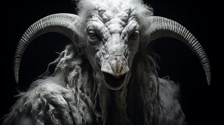 a white horned goat stands in darkness, its creased, crinkled, and wrinkled features reminiscent of baroque sci-fi. this epic fantasy scene, captured through tabletop photography, showcases the goat's strong facial expression. the image, with its felt creations, brings a touch of realism to the fantastical world it portrays. ai generatedの素材
