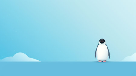 a penguin hd wallpaper featuring a serene minimalistic style with flat shading and a flattened perspective. the energy-filled illustrations create a panoramic scale, while the sky-blue color adds a simplistic cartoon touch. enjoy this high-definition wallpaper that will bring a sense of calm and beauty to your device. ai generatedの素材