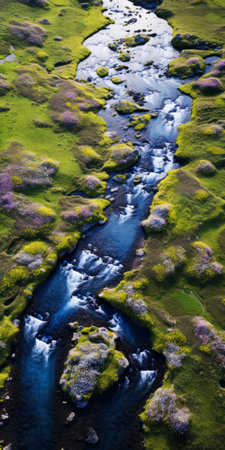 a stunning ultraviolet photograph showcasing a picturesque valley adorned with rivers and waterfalls. captured with a canon af35m, this detailed imagery captures the vibrant hues of yellow and green. the composition features a beautiful contrast between light pink and dark blue tones. the accuracy in depicting the fauna and flora is remarkable, while the flowing fabrics add a touch of elegance to the scene. aiの素材