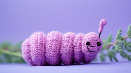 crocheted caterpillar with toy-like proportions sits on top of vibrant leaves. the light magenta color adds a playful touch to the horizontal stripes on its body. this simplistic cartoon-style creation showcases intricate details, resembling a spiral group. soft-focus portraits capture the charm of this adorable crocheted toy. ai generatedの素材