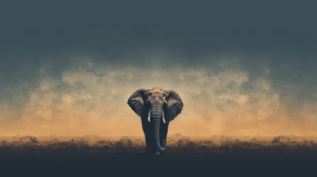 an elephant gracefully walks amidst a captivating and dramatic backdrop. the photo showcases muted earth tones, evoking a sense of environmental activism. the minimalist background, with its dark cyan and light amber hues, adds an elegant touch. the elephant's emotive face stands out against the post-apocalyptic backdrop, creating a powerful visual narrative. ai generatedの素材