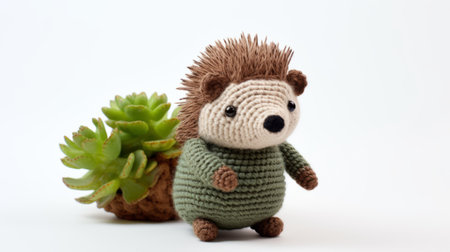 a crocheted hedgehog, with highly detailed foliage in dark beige and green, sits on a blue table. the playful poses and subtle coloring of the hedgehog add to its charm. the intricate crochet work showcases the artist's skill in creating iterative patterns. the photo is captured with back button focus, highlighting the hedgehog's full body. ai generatedの素材