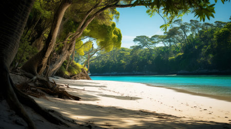 tropical beach with ocean and trees, reminiscent of italian landscapes. captured using a nikon d850, the photo showcases a serene scene with a color palette of dark cyan and light beige. the canon eos 5d mark iv was also used to capture the french landscape, highlighting romantic riverscapes. the photo is enhanced with ray tracing technology. ai generatedの素材
