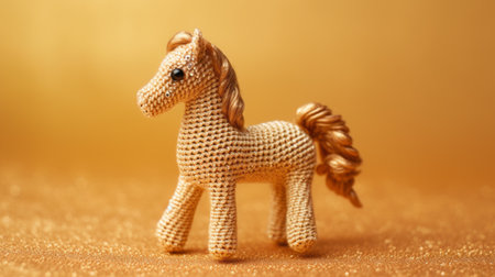 a miniature golden hoof printed toy, crafted with beads and yarn, showcases elegant realism. this crochet pattern-based creation captures the essence of wimmelbilder, featuring animals and people in a golden light. the meticulous attention to detail brings sharpness to this uhd image-style piece. ai generatedの素材