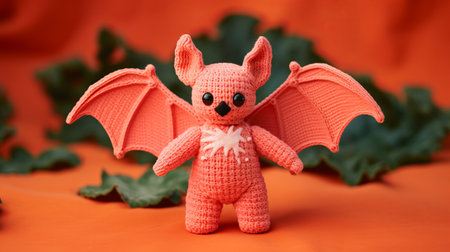 halloween bat crocheted toy with a kodak aerochrome iii infrared style. the toy features a unique color scheme of light orange and pink, with high detail and a monochromatic color scheme. the bat has shiny eyes and expressive character designs, reminiscent of the works of jan van eyck. ai generatedの素材