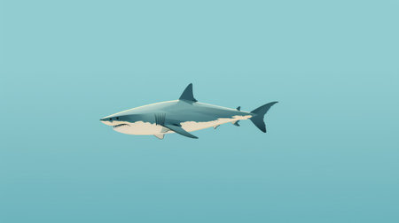 a digital illustration of a great white shark in a muted and minimalist style. the composition features light cyan and brown tones, created using zbrush for accurate and detailed rendering. the shark is depicted in a flat perspective, against a sky-blue and silver background. ai generatedの素材