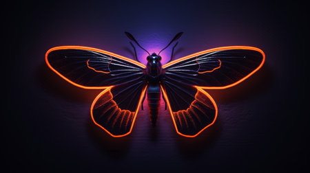 a brightly lit colorful neon creature with orange wings is depicted in this hyperrealistic environment. the artwork, created by filip hodas, showcases a unique blend of insects, with minimal retouching. the image features a combination of light black and indigo tones, while vibrant violet and orange hues dominate the composition. this uhd image captures the intricate details of the neon creature in all its glory.の素材