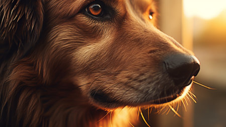 a dog, rendered in cinema4d, gazes at the camera while facing a sunlit window. the photo showcases dark amber and amber tones, employing photo-realistic techniques. the close-up shot highlights the intricate rendering of the dog's feathers, with a captivating blend of light red and gold hues. the image is reminiscent of animated gifs, offering a visually stunning and detailed portrayal. ai generatedの素材