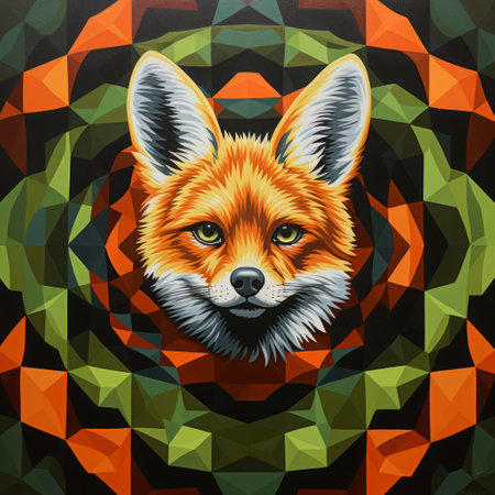 a red fox stands out against a vibrant geometric background, reminiscent of optical illusion paintings. the dark orange and light green hues create a contemporary portrait with elements of psychedelic realism. the swirling vortexes add depth to the large canvas painting, giving it a touch of street art influence. ai generatedの素材