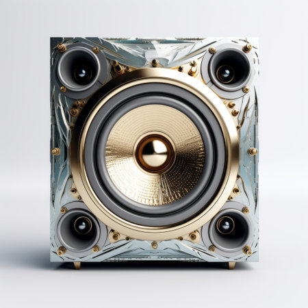 krystel speakers 3d models by dalziel pascal, featuring embossed gold leaf style. rendered in cinema4d, the speakers are showcased in a captivating combination of light aquamarine and gray. the image showcases a trance compilation cd alongside the speakers, set against a clean white background. this high-resolution uhd image captures a single object in stunning detail. ai generatedの素材