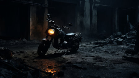 a motorbike leans against a weathered wall inside an abandoned building, creating a captivating nocturnal scene. the atmosphere is enhanced by a smoky background, reminiscent of the artistic styles of zack snyder and jarek kubicki. the image showcases selective focus and utilizes vray tracing and rtx technology for a visually stunning effect. ai generatedの素材