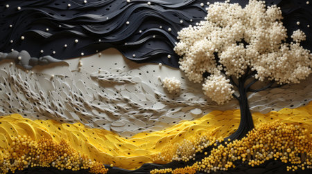 handmade wall art created using a 3d printer, featuring a scattered composition of poetic landscapes in a contemporary fairy tale style. the artwork showcases a combination of dark white and yellow tones, with intricate details that bring a naturalist feel. the dark yellow and dark black elements add depth and contrast to the overall design. ai generatedの素材