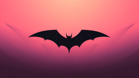 the silhouette of a bat is depicted against a vibrant pink background in this colored cartoon-style image. with an ominous vibe and flat backgrounds, this artwork by raphael lacoste showcases dark amber and red tones. the energy-filled illustration is captured in ultra-high definition, offering a visually captivating experience. ai generatedの素材