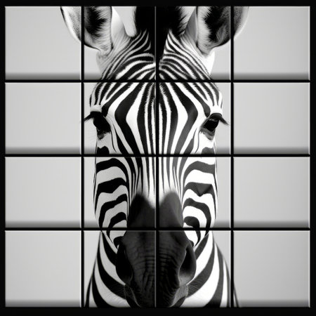 a zebra, in a style of multidimensional compositions, lies on a table with squares in between. the matte photo captures the accurate and detailed depiction of the zebra, showcasing its graphic symmetry. ai generatedの素材