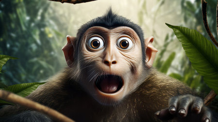the monkey is gazing intently into the depths of the forest, captured in a photorealistic rendering by the talented artist tiago hoisel. with lively facial expressions and playful expressions, this high-resolution, hd image showcases the monkey's curiosity and the aurorapunk style. ai generatedの素材