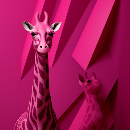 two giraffes, with surrealistic elements, stand side by side against a vibrant pink background. the design features multilayered surfaces, 3d effects, and dark pink hues. the graphic illustrations showcase jagged edges and a monochromatic color scheme, creating a visually striking and unique composition. ai generatedの素材