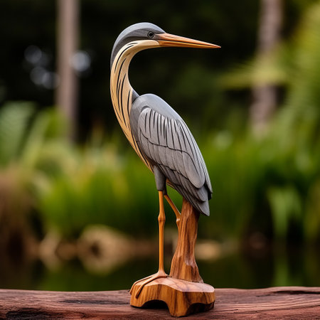 a brown heron sculpture made of wood, in the style of light navy and gray, is captured in this photo. the shallow depth of field enhances the focus on the sculpture, while the tropical landscapes in the background add a serene touch. shot on 70mm, this tranquil gardenscape is presented in 32k uhd, featuring light gray and light aquamarine tones. ai generatedの素材