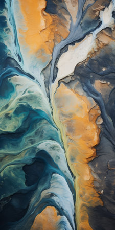 abstract painting featuring a dynamic form and vibrant color flow, reminiscent of dark teal and light gold. this aerial photograph captures the essence of naturalistic ocean waves, with hints of gray and amber. the artwork showcases blink-and-you-miss-it details, inspired by industrial paintings and nature imagery. ai generatedの素材