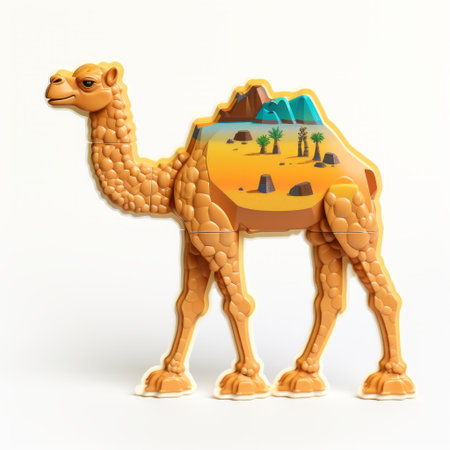 a photo of a lego desert camel in a photo gallery featuring shaped canvases. the image showcases the use of daz3d technology and features densely patterned imagery in light orange and light beige. the camel is made of poured resin and is set against isolated landscapes, reminiscent of carved religious icons. ai generatedの素材