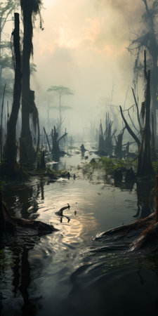 a hauntingly beautiful post-apocalyptic landscape wallpaper featuring a rendered forest swamp in the style of cinema4d. this 32k uhd wallpaper captures the ghostly forms of cambodian art, creating a mesmerizing and atmospheric scene. taken with a zeiss otus 85mm f/1.4 apo planar t lens, this national geographic-worthy photo showcases the eerie allure of nature's transformation. ai generatedの素材