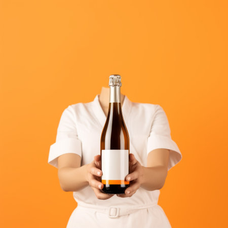 a woman in a white uniform holds a bottle of wine in her hand. the photo features a light orange color scheme and showcases conceptual appropriation and clever use of negative space. it is inspired by advertisements and has a medicalcore aesthetic. the image is colorized and presents lively tableaus. ai generatedの素材