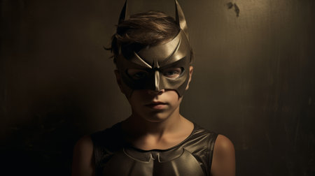 a boy dressed up as batman stares directly at the camera, embodying the iconic superhero. the photograph, captured by janek sedlar, showcases a unique blend of light bronze and bronze tones, evoking a sense of mythological symbolism. the dark gold and dark beige hues add depth to the studio portraiture, while the contrasting light and shadow create a captivating visual effect. the boy's ritualistic maskの素材