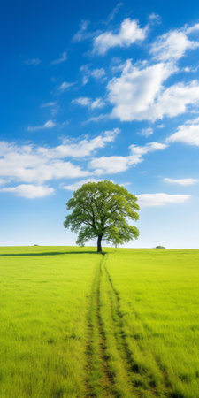 a green expanse of grass stretches out beneath a lone tree, creating a serene and balanced composition. the light sky-blue and green hues add a touch of psychological symbolism to the scene. captured in stunning 8k resolution, this photograph embodies the principles of the dusseldorf school of photography, while also promoting environmental awareness through its depiction of nature's exacting precision. ai generatedの素材