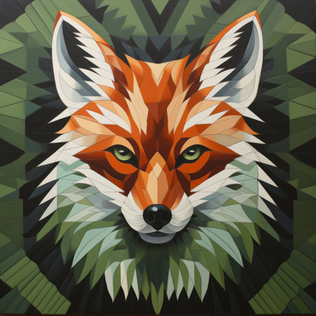 an intricately designed fox with colorful shapes is depicted in this environmental portraiture style photograph. the fox is portrayed in a combination of dark orange and light green hues, showcasing a hard edge painting technique. the image exudes a sense of wilderness and is characterized by balanced symmetry. the fox is situated against a wooden backdrop, highlighting the precision painting involved in creating this stunningの素材