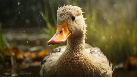 a duck gracefully floats in rainwater, captured in a stunning stock photo. rendered in unreal engine, this image showcases characterful animal portraits by helene knoop. the hyper-realistic details, achieved through cinema4d, bring the duck to life. shot with a sony alpha a1, the duck's light beige and orange hues add to its charm. ai generatedの素材