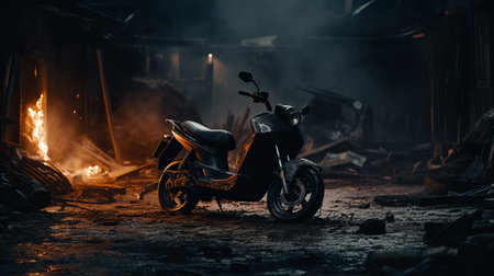 a motorcycle sits amidst the ruins of a building, bathed in soft, atmospheric lighting. the electric vehicle stands out with its dark gray and bronze color scheme, showcasing eco-friendly craftsmanship. the image exudes a health goth aesthetic, captured with a konica auto s3 camera, creating a mesmerizing magewave of urban decay and modern technology. ai generatedの素材