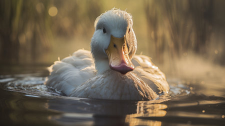 a large white duck gracefully glides through the water, illuminated by a golden light reminiscent of the dusseldorf school of photography. this stunning image captures the serene expression on the duck's face, surrounded by hues of light pink and amber. taken with a rollei prego 90, this contest-winning photograph evokes a free-associative sense of tranquility. ai generatedの素材