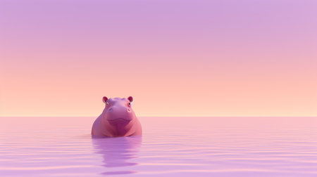 a small pink hippo swims gracefully in the ocean during the enchanting evening sun. rendered in maya, this adorable creature features a smooth surface with a light purple and amber color palette. the minimalist background highlights the cute and colorful nature of this zbrush creation, while the horizons add depth to the scene. ai generatedの素材
