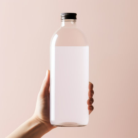 neoprene plastic glass bottle mockup featuring a water sample, showcased on a beige background. the design exudes a delicate touch, with a color palette of light pink and white. this creative commons attribution image by carl kleiner has an industrial-inspired aesthetic, with a hint of drugcore influence. ai generatedの素材
