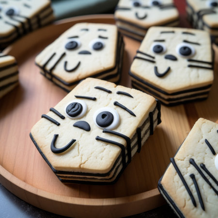 a baking board showcasing adorable homemade cat cookies, featuring bold and cartoonish lines. the photo has a selective focus, reminiscent of kabuki theater, with multilayered dimensions. the color palette consists of light beige and black, while the lively facial expressions of the cookies are depicted through flat color blocks. ai generatedの素材