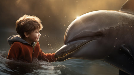 a toddler joyfully interacts with a dolphin in this captivating image. created using the matte painting technique in cinema4d, the artwork combines realism and romance. bathed in golden light, the scene prioritizes emotion over realism, featuring expressive character designs and portraitures with hidden meanings. ai generatedの素材