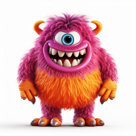 a bright orange and purple monster, dressed for halloween, with a big mouth. this realistic rendering showcases the monster's pink and azure colors, as well as its isolated figure. rendered in unreal engine, the monster stands out against a light pink and maroon backdrop, with a white background. its wandering eye adds an intriguing touch to the overall composition. ai generatedの素材
