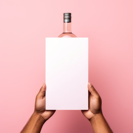 a single woman stands against a vibrant pink background, holding an empty white blank paper and a bottle of wine. this mockup photo showcases a unique installation-based style, packed with hidden details and texture-based elements. the commission for this bold colorism piece is collage-based, featuring sharp and eye-catching visuals. ai generatedの素材