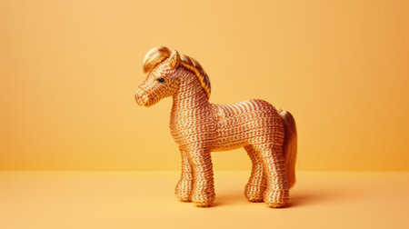 a golden toy horse is showcased in this stock photo, set against a vibrant orange background. the horse is crafted in the style of intricate weaving, incorporating iconic pop culture references. this unique piece embodies the artistic movements of toyism and playful minimalism, with shimmering metallic accents. made from a combination of beads and yarn, the horse has a glazed earthenware finish. ai generatedの素材