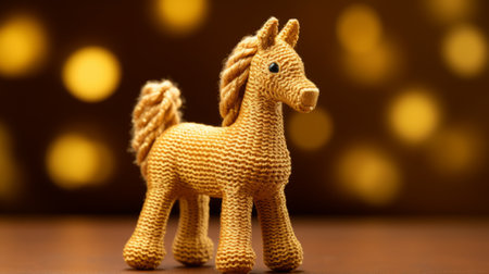 a crocheted horse, made of cheese, is showcased on a dark background. the horse is crafted in a light gold style, with toy-like proportions, soft edges, and blurred details. this high-resolution image is available under a creative commons attribution license. ai generatedの素材