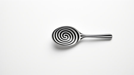 a small spoon with a bold, black line pattern is showcased on a white background in this op art-inspired photograph. rendered in cinema4d, the spirals and bauhaus photography style create a realistic yet imaginative kitchen still life. ai generatedの素材