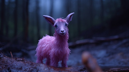 a pink goat stands in a small muddy area, rendered in the style of christopher balaskas and rachel maclean using cinema4d. the selective focus highlights the goat's vibrant color against the wet-on-wet blending of the surroundings. this captivating image, reminiscent of the works of doug hyde, is a contest winner. ai generatedの素材