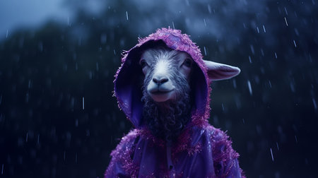 a goat, dressed in a purple jacket and rain boots, stands in a surreal portrait. the image showcases the intricate details of the costume and the use of vray tracing technology. with an 8k resolution, this monochromatic masterpiece captures the essence of inclement weather and combines elements of bunnycore in its composition. ai generatedの素材