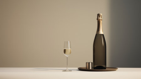 a champagne bottle and glass are placed on a table in this stock image. the image is rendered in the style of physically based rendering, with a dark beige and white color scheme. it features a minimalistic composition and has a resolution of 8k. the image is inspired by caravaggism and was created using cinema4d, resulting in a non-representational aesthetic. ai generatedの素材