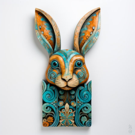 a blue and orange bunny carving, crafted from wood, showcases the intricate style of illusory wallpaper portraits, ornate architectural elements, and hyper-realistic animal illustrations. this unique piece of art draws inspiration from ceramic street art, featuring vibrant turquoise and green hues. the carving also incorporates elements of celtic art and bio-art, creating a captivating and visually stunning masterpiece. ai generatedの素材