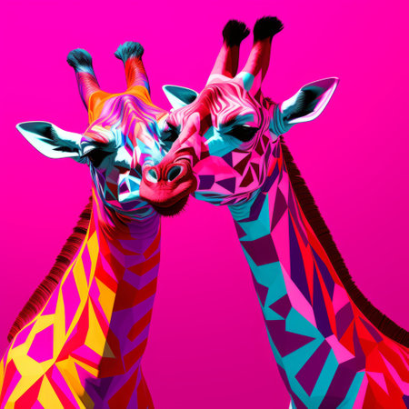 the giraffe's head is depicted in a large and psychedelic graphic design style. the 8k 3d image showcases vibrant pink and magenta colors, with a playful use of perspective. the design features colorful geometrics, bold lines, and naturalistic poses, creating a visually striking and vibrant composition. ai generatedの素材