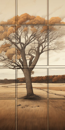 a wall of pictures showcasing a vibrant and textured tree, reminiscent of alex colville's cubist landscapes. the realistic hyper-detailed rendering captures the tree's various colors and textures, with a predominant palette of dark orange and beige. the composition exudes classical symmetry, reminiscent of john sloane's rectangular fields. ai generatedの素材